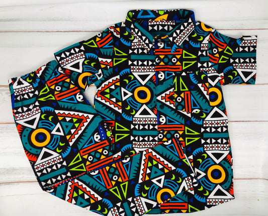 Blue Multi-Color Dress Shirt Set
