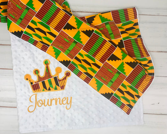 Personalized crown African Print Blanket/ yellow kente blanket