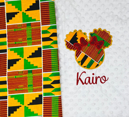 Personalized afro puff African Print Blanket/ yellow kente blanket