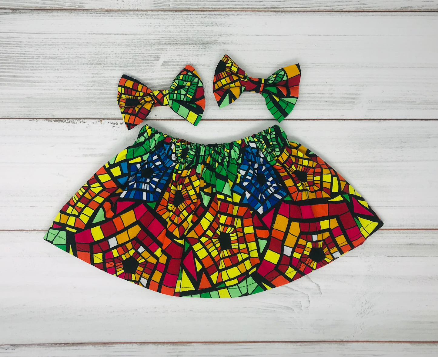 Multi-Color African Print Kente Skirt and Headband Set