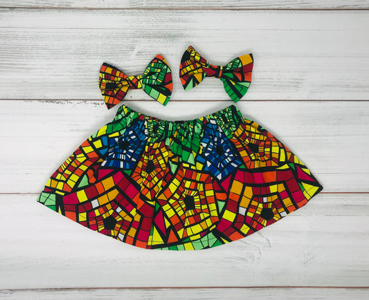 Multi-Color African Print Kente Skirt and Headband Set