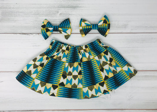 Blue African Print Kente Skirt and Headband Set